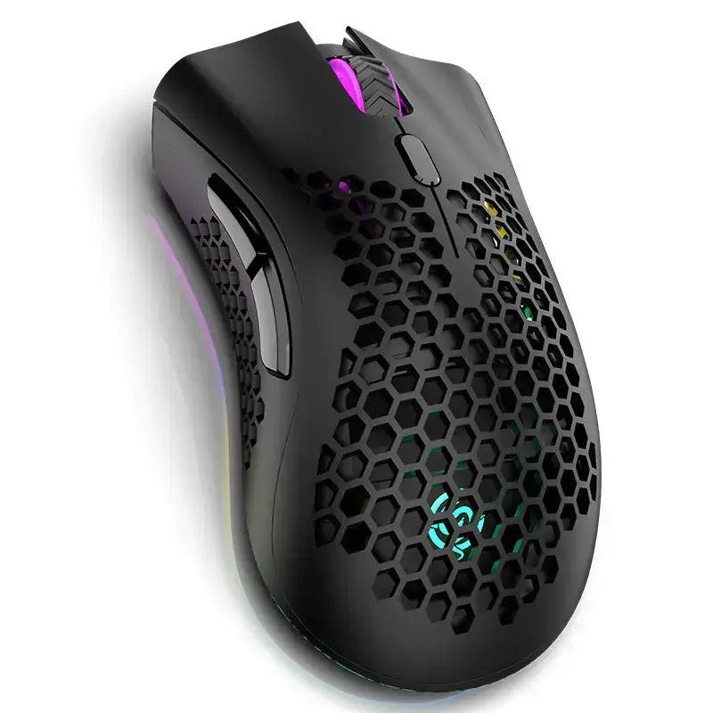 Black gaming mouse with a honeycomb-patterned mesh design and rgb lighting in purple, green, and blue hues.