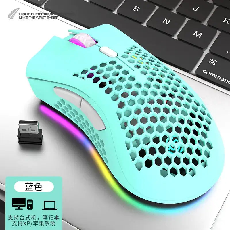 A mint green wireless gaming mouse with a honeycomb-patterned design and rgb lighting along its underside.