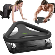 Black bodyrhythm exercise platform with a cushioned, triangular-shaped top and four small wheels for mobility.