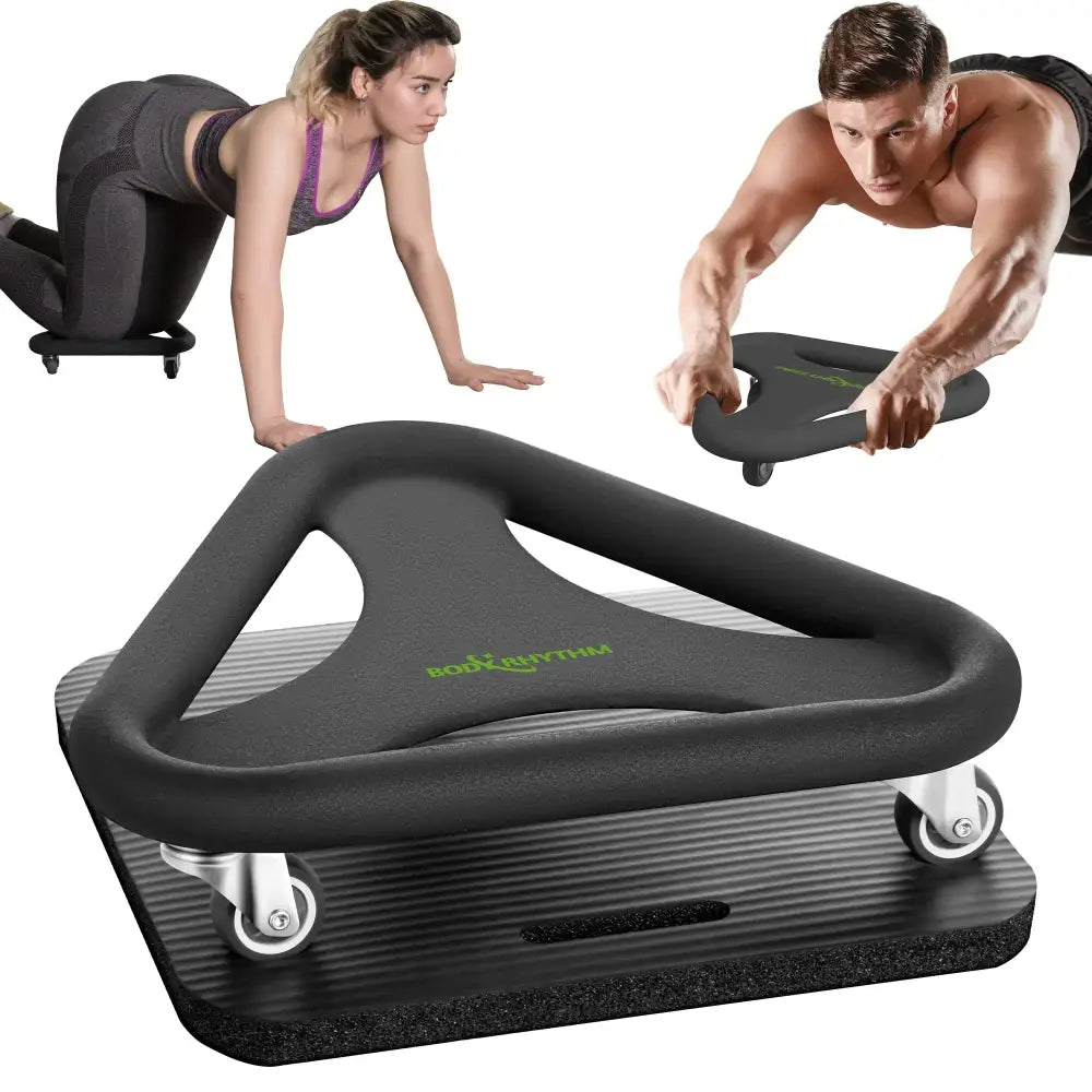Black bodyrhythm exercise platform with a cushioned, triangular-shaped top and four small wheels for mobility.