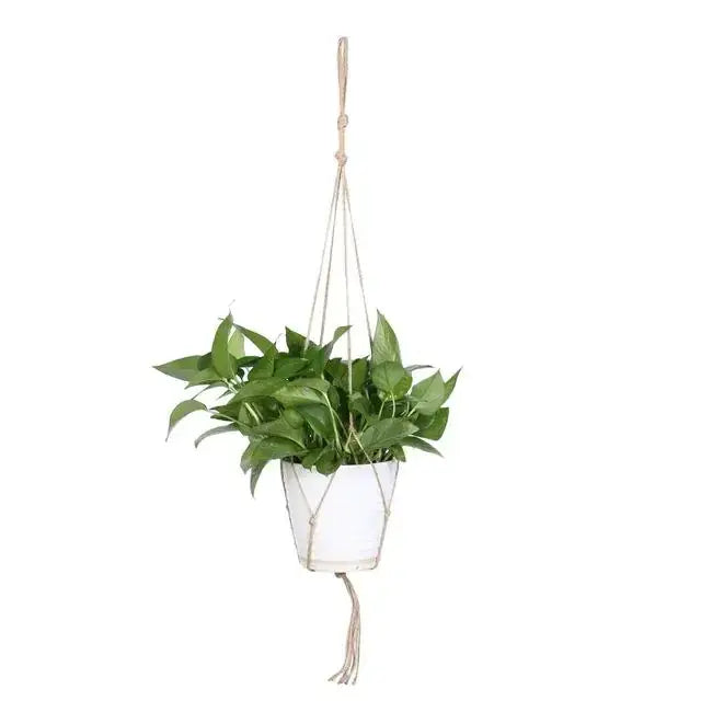 White ceramic hanging planter with macrame cord suspension and tassel.