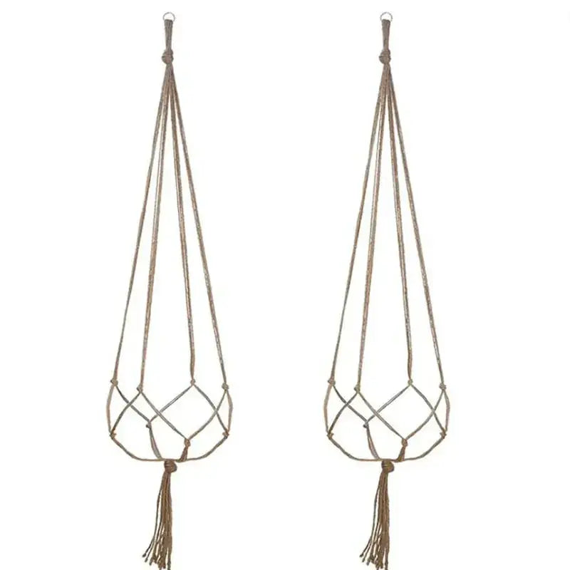 Two beige macrame plant hangers with diamond-patterned knots and tassels.