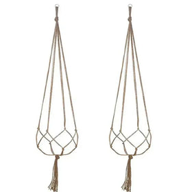Two beige macrame plant hangers with diamond-patterned knots and tassels.