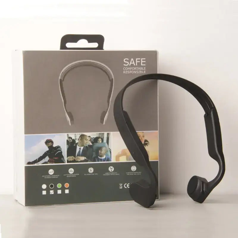 Black bone conduction headphones with a sleek, minimalist design and ergonomic headband.