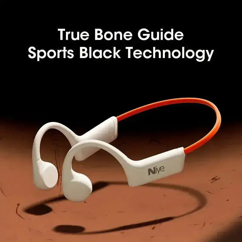 White and orange niye true bone guide sports headphones with a sleek, bone-conduction design.
