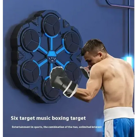 Blue and black hexagonal boxing target with six circular targets arranged in a star pattern.