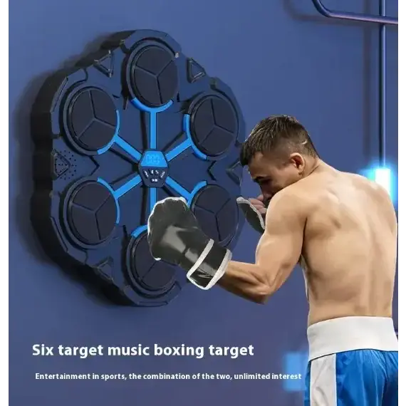 Blue and black hexagonal boxing target with six circular targets arranged in a star pattern.