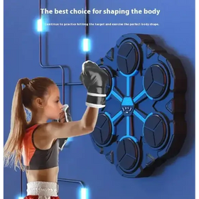 Blue and black wall-mounted punching target with circular panels.