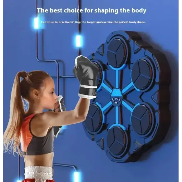 Blue and black wall-mounted punching target with circular panels.