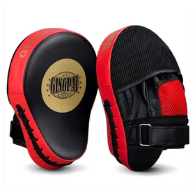 Red and black boxing punch mitts with a gold logo on the front.