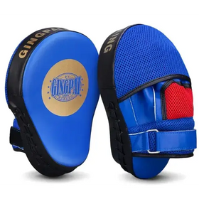 Blue and black gingpai brand boxing punch mitts with a red mesh panel on the side.