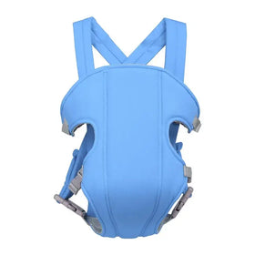 Light blue infant carrier with adjustable gray straps and buckle closures.