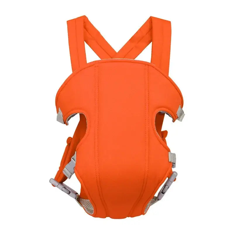 Bright orange infant carrier with adjustable gray plastic buckles and mesh panels for ventilation.