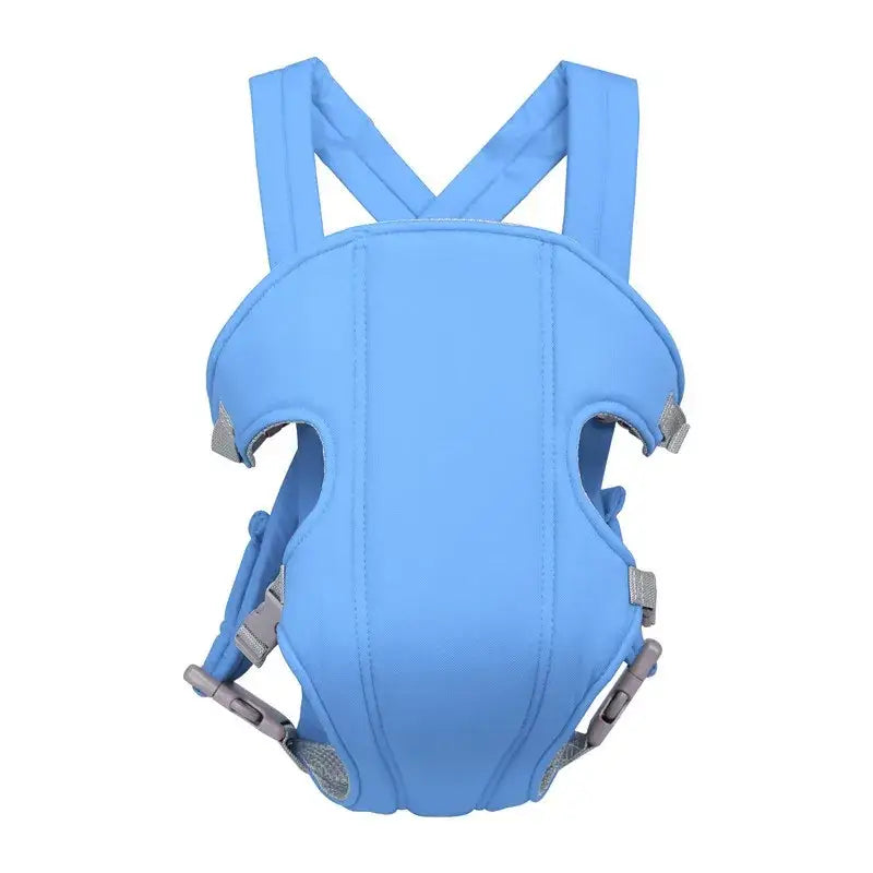 Light blue infant carrier with adjustable gray straps and buckle closures.