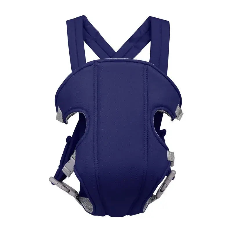 Navy blue infant carrier with adjustable straps and gray plastic buckles.