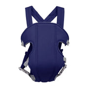 Navy blue infant carrier with adjustable straps and gray plastic buckles.