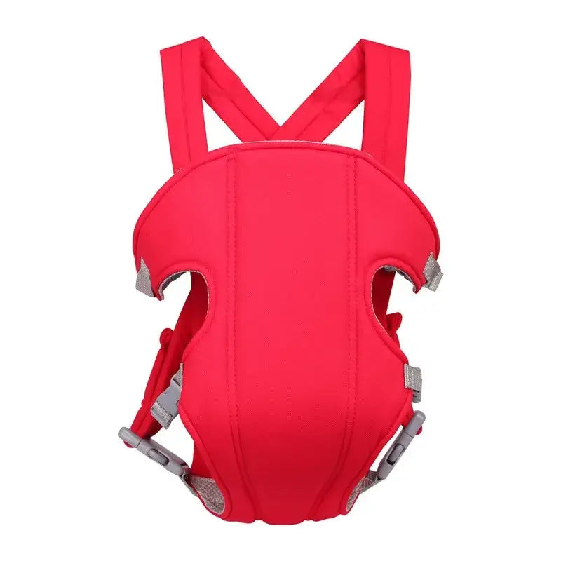 Bright red infant carrier with adjustable gray plastic buckles and mesh panels for ventilation.