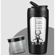 Black electric shaker bottle with transparent side panel showing measurement markings and a built-in blending mechanism.