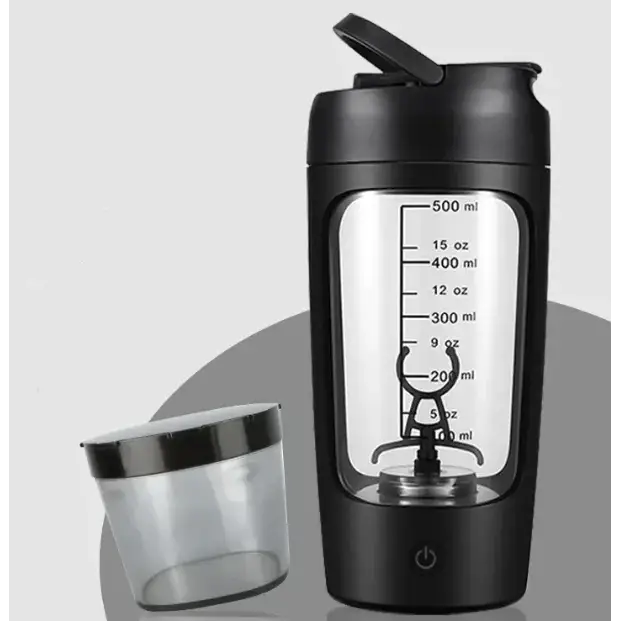 Black electric shaker bottle with transparent side panel showing measurement markings and a built-in blending mechanism.