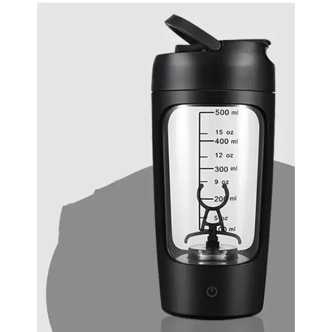 Black electric shaker bottle with transparent side window displaying measurement markings and a built-in blender mechanism.