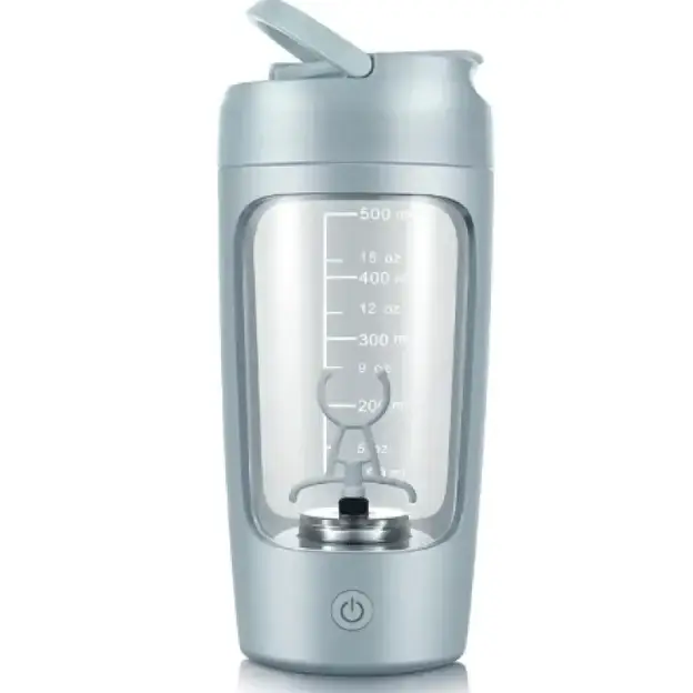 Silver-colored electric shaker bottle with a clear glass interior, measurement markings in ounces and milliliters, and a built-in blending mechanism.