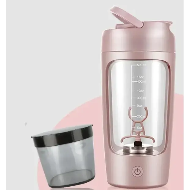 Rose gold wireless blender shaker with transparent glass body and measurement markings.