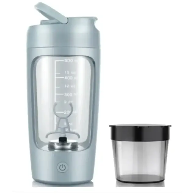 Silver-colored electric shaker bottle with transparent body and measurement markings, featuring a black lid on the side compartment.
