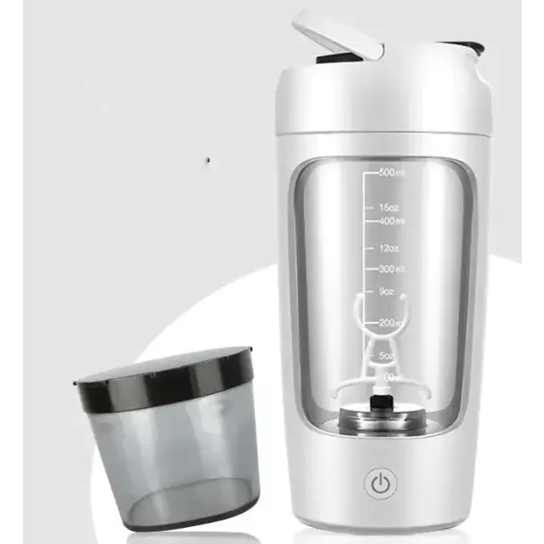 Silver electric shaker bottle with transparent body and black lid, featuring measurement markings on the side.