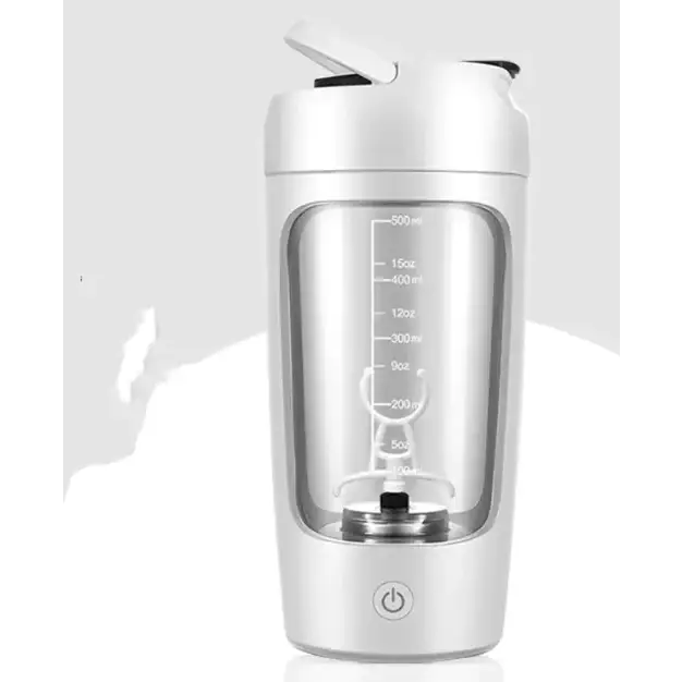 Silver-colored electric shaker bottle with a transparent body, measurement markings in both ounces and milliliters, and a white flip-top lid.