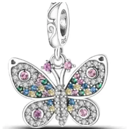 A silver butterfly charm adorned with colorful gemstones and intricate detailing.
