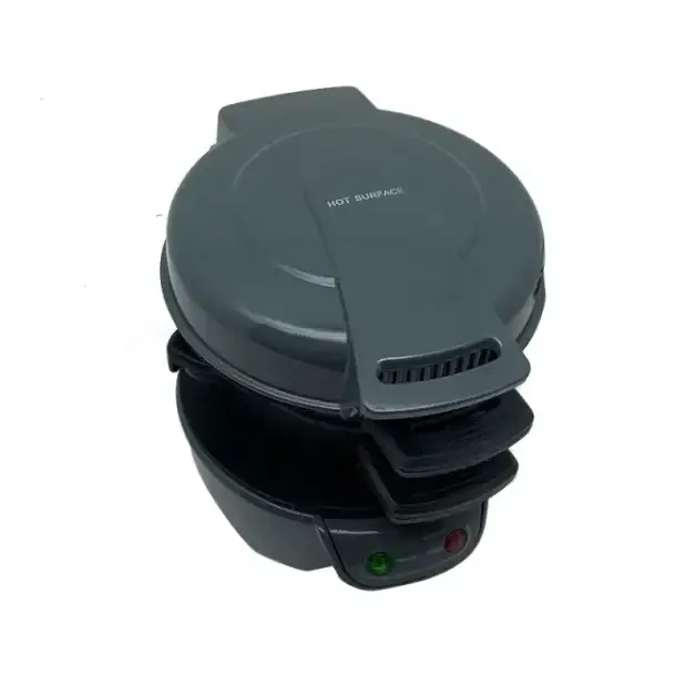 Dark gray circular electric waffle maker with a hinged lid and control buttons.