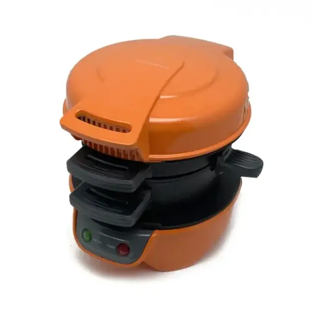 Orange and black multi-slice waffle maker with a sleek, modern design.