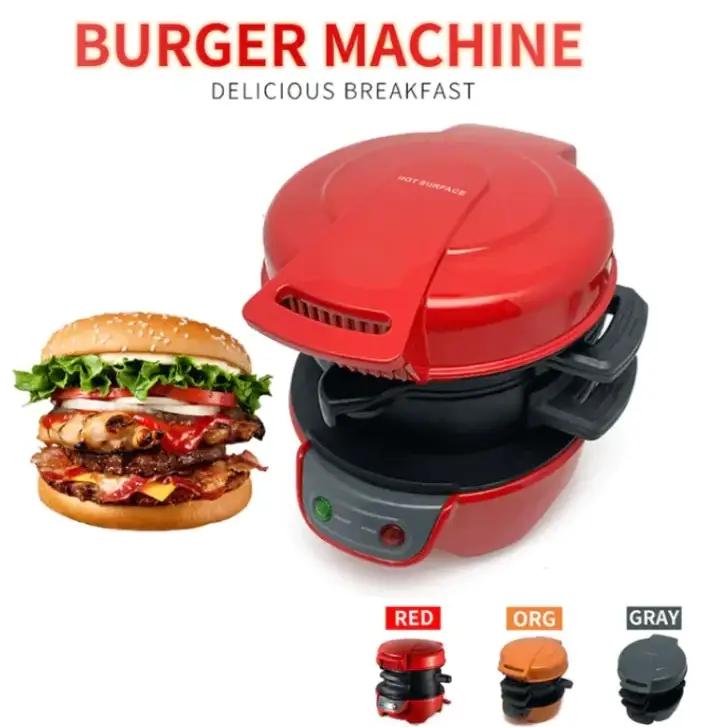 Red and black electric burger maker with a hot surface for cooking breakfast burgers.