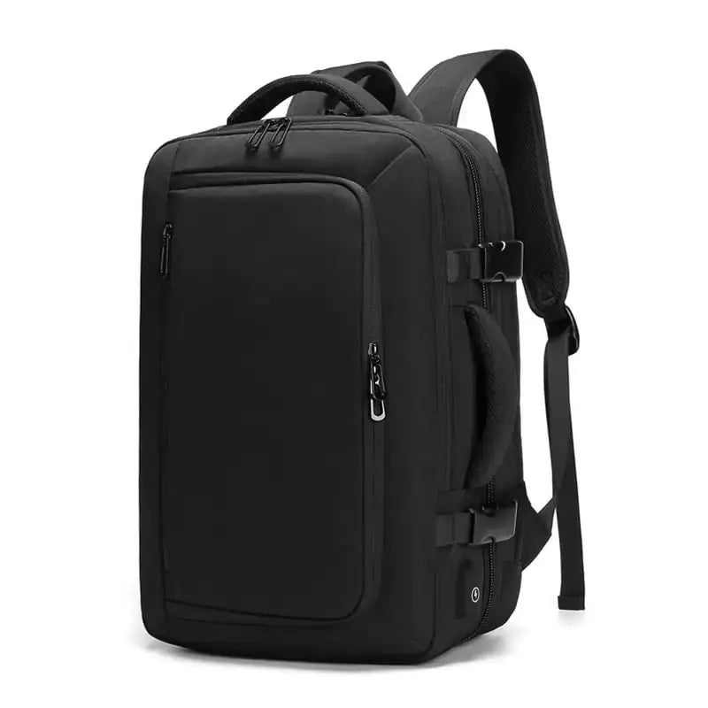Black nylon laptop backpack with multiple zippered compartments and adjustable shoulder straps.