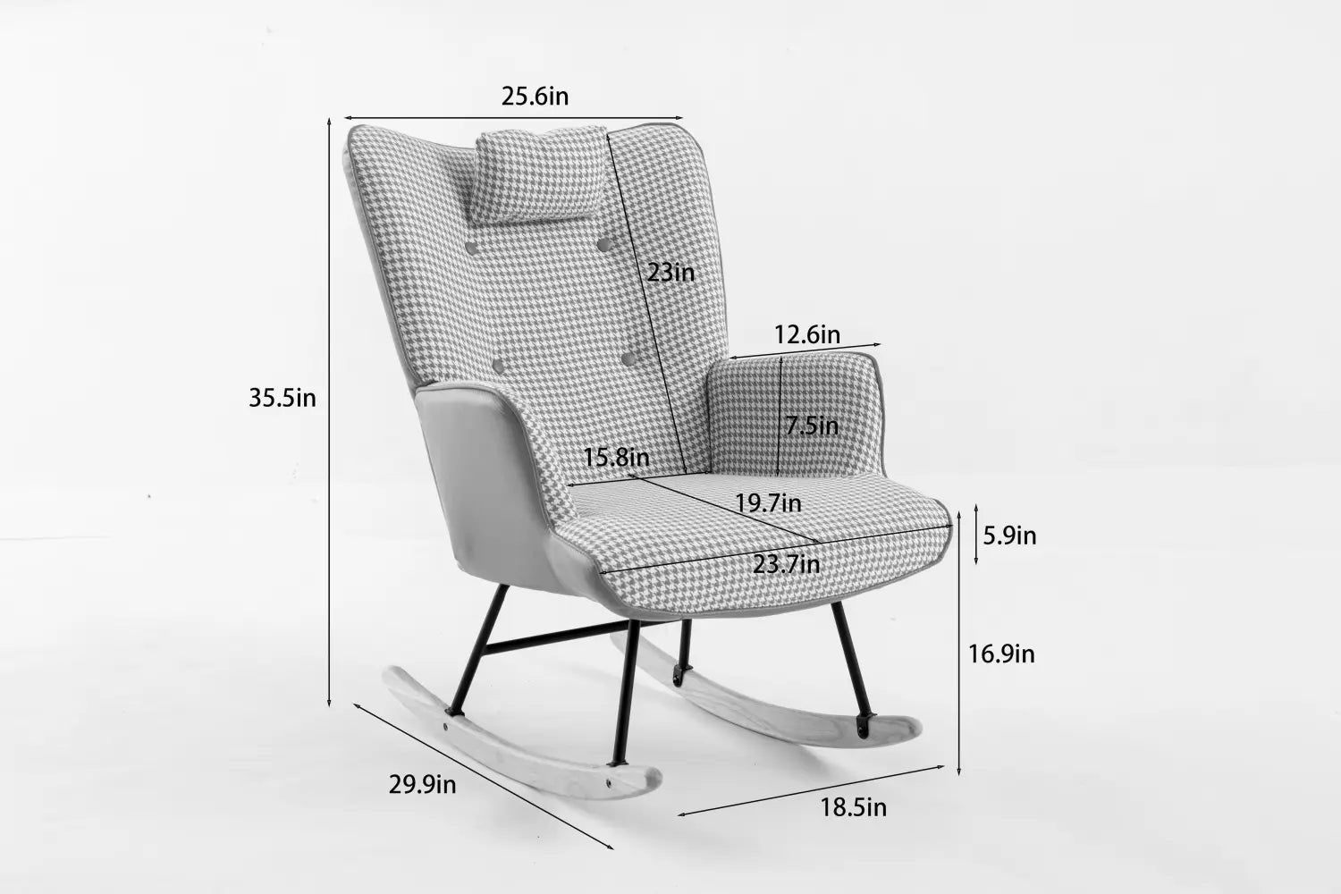35.5 Inch Rocking Chair Soft Houndstooth Fabric Leather Fabric Rocking Chair For Nursery Comfy Wingback Glider Rocker
