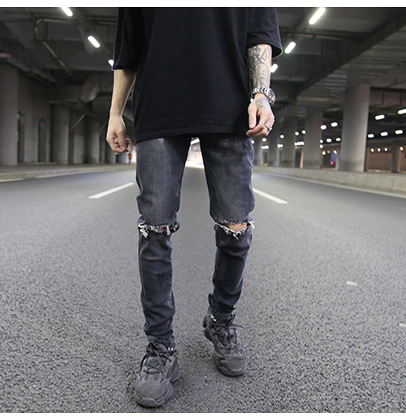 Distressed Gray Skinny Jeans with Paint Splatter Design