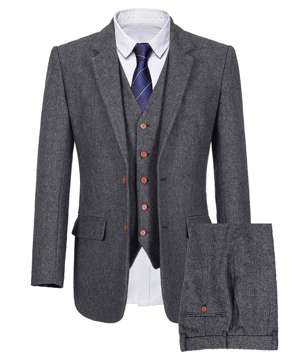 Wemaliyzd Mens British 3 Piece Grey Herringbone Tweed Blazer Slim Fit Vest Pants (Herringbone Grey 48S)