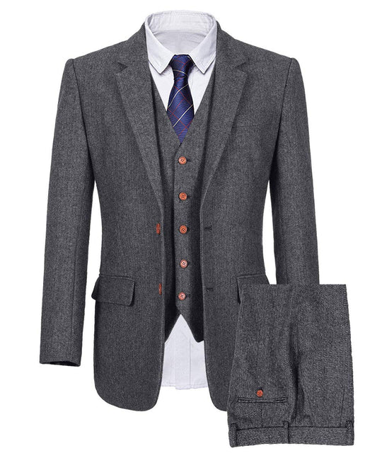 Wemaliyzd Mens British 3 Piece Grey Herringbone Tweed Blazer Slim Fit Vest Pants (Herringbone Grey 48S)