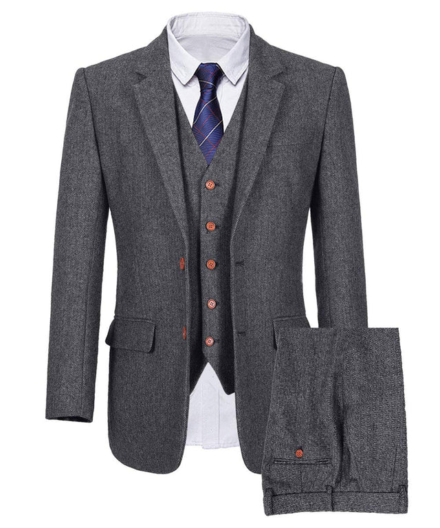Wemaliyzd Mens British 3 Piece Grey Herringbone Tweed Blazer Slim Fit Vest Pants (Herringbone Grey 48S)