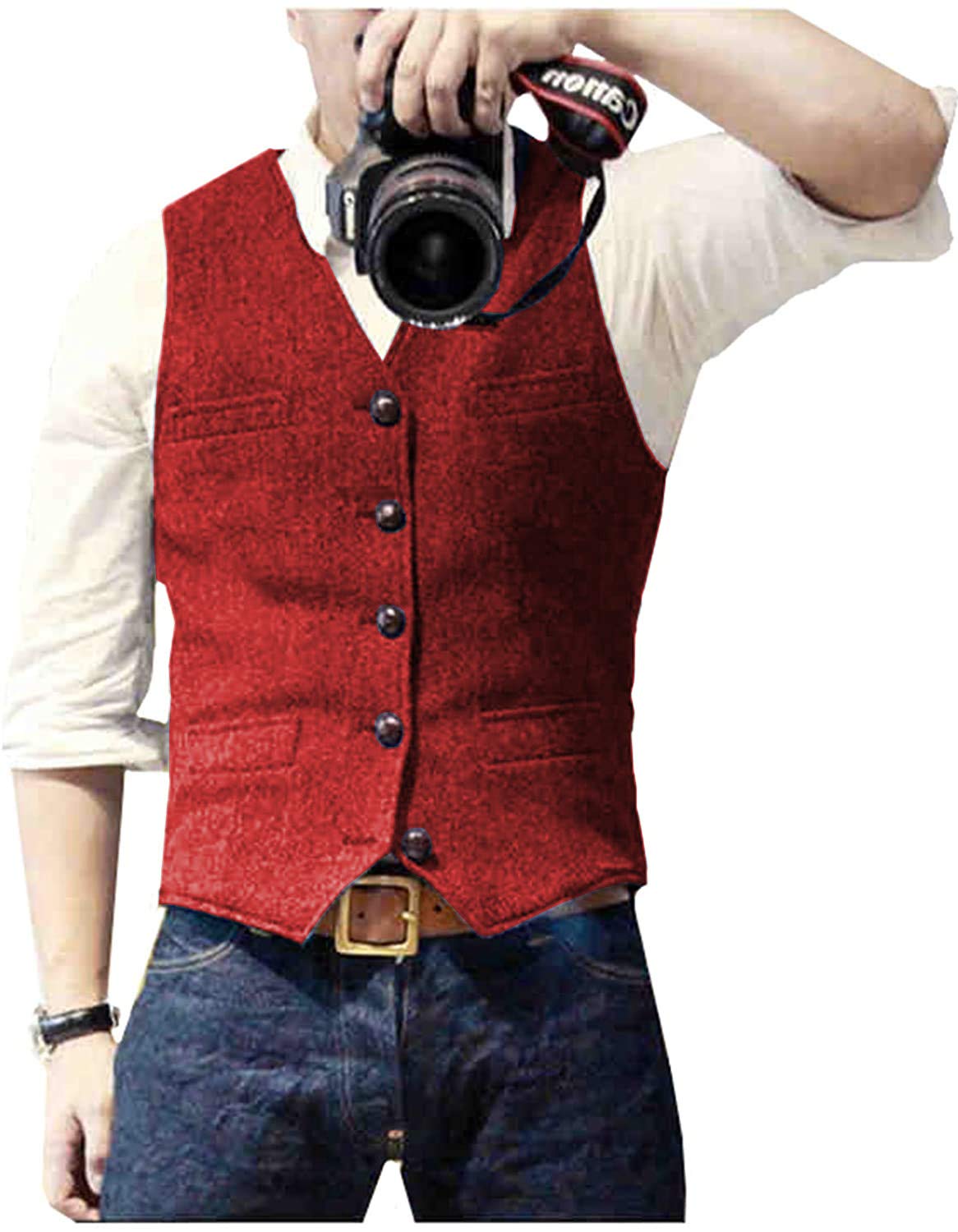 Mens Suit Vest Waistcoat Tweed Retro V Neck Wool Herringbone for Prom