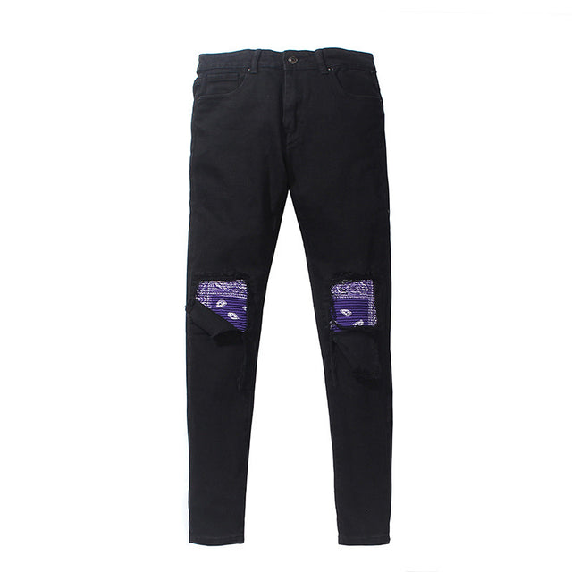 Patchwork Slim Fit Stretch Denim Cat Whisker Jeans