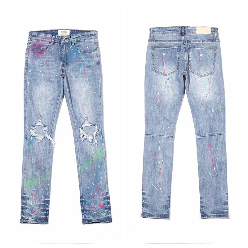 Men's Summer Slim Fit Distressed Paint Splatter Jeans