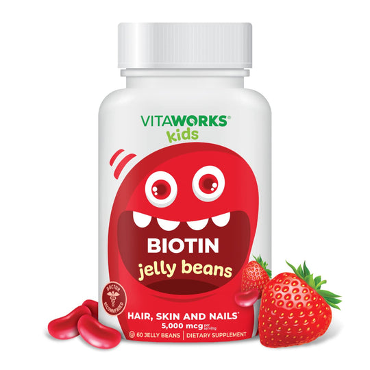 VitaWorks Kids Biotin 5000mcg Jelly Beans | Tasty Vitamin B7 Biotin Supplement | Vegan Biotin Vitamins | Biotin for Hair Growth Skin and Nail Heath | Hair Vitamins for Kids | 60 Jellies