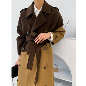 Women's Mid-Length Woolen Coat with Contrast Stitching