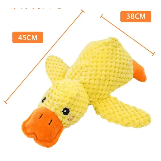 Yellow crocheted duck-shaped dog toy with orange beak and feet.