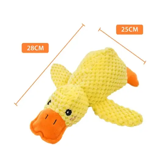 Yellow crocheted duck toy with an orange beak and feet, measuring 28cm in length.