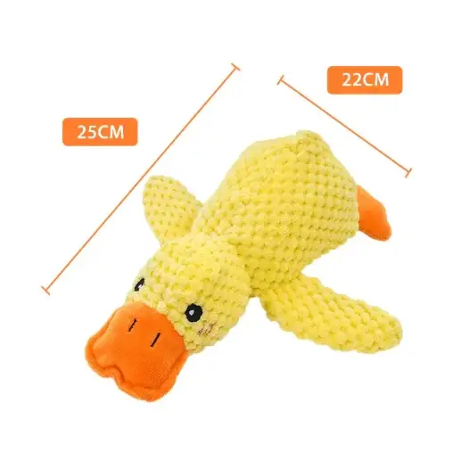 Yellow knitted duck toy with orange beak and feet, measuring 25cm long by 22cm wide.