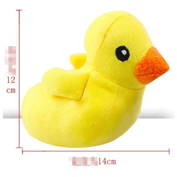 A plush yellow rubber duck with an orange beak and black eye, made of soft fabric.