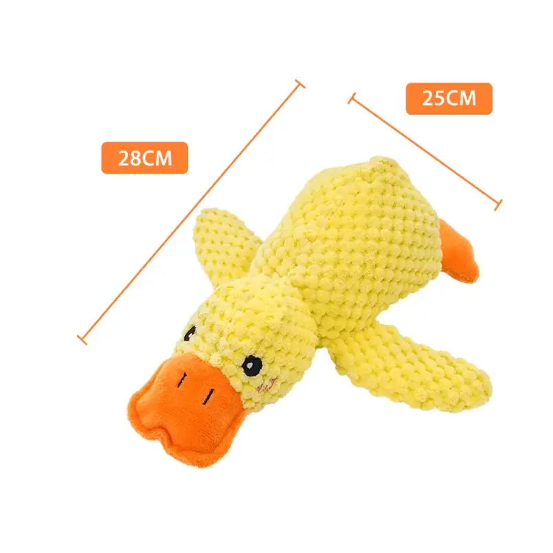 Yellow crocheted duck toy with orange beak and feet, measuring 28cm long and 25cm wide.