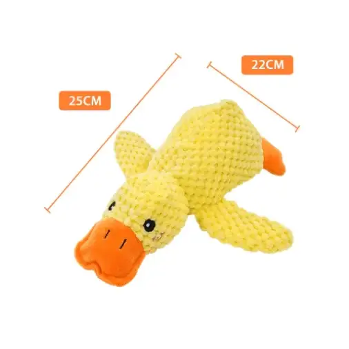 Yellow crocheted duck toy with orange beak and feet, measuring 25cm long.